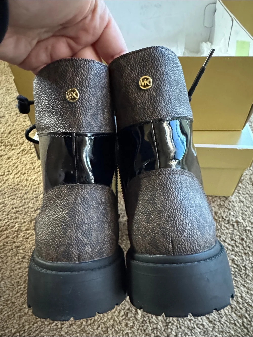Michael Kors Black Patent Lace-Up Combat Boots with Gold Hardware